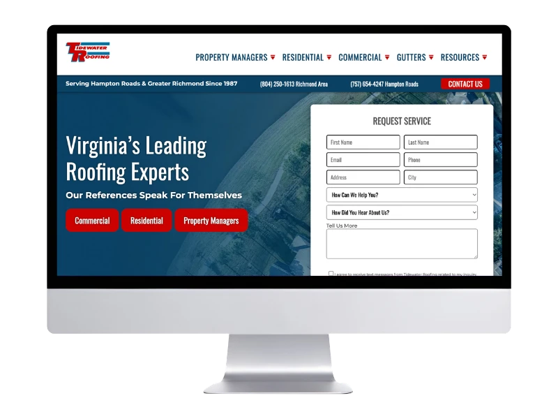 Tidewater Roofing website on a computer screen